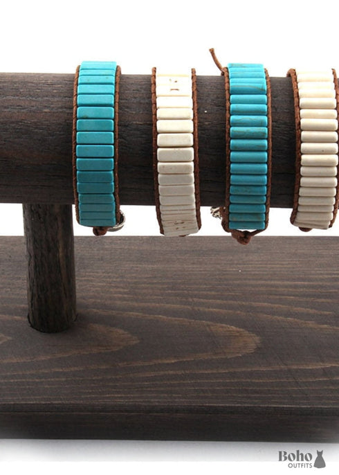 Boho Bracelet, RH Leather Wrap Bracelet, Blue White and Pink